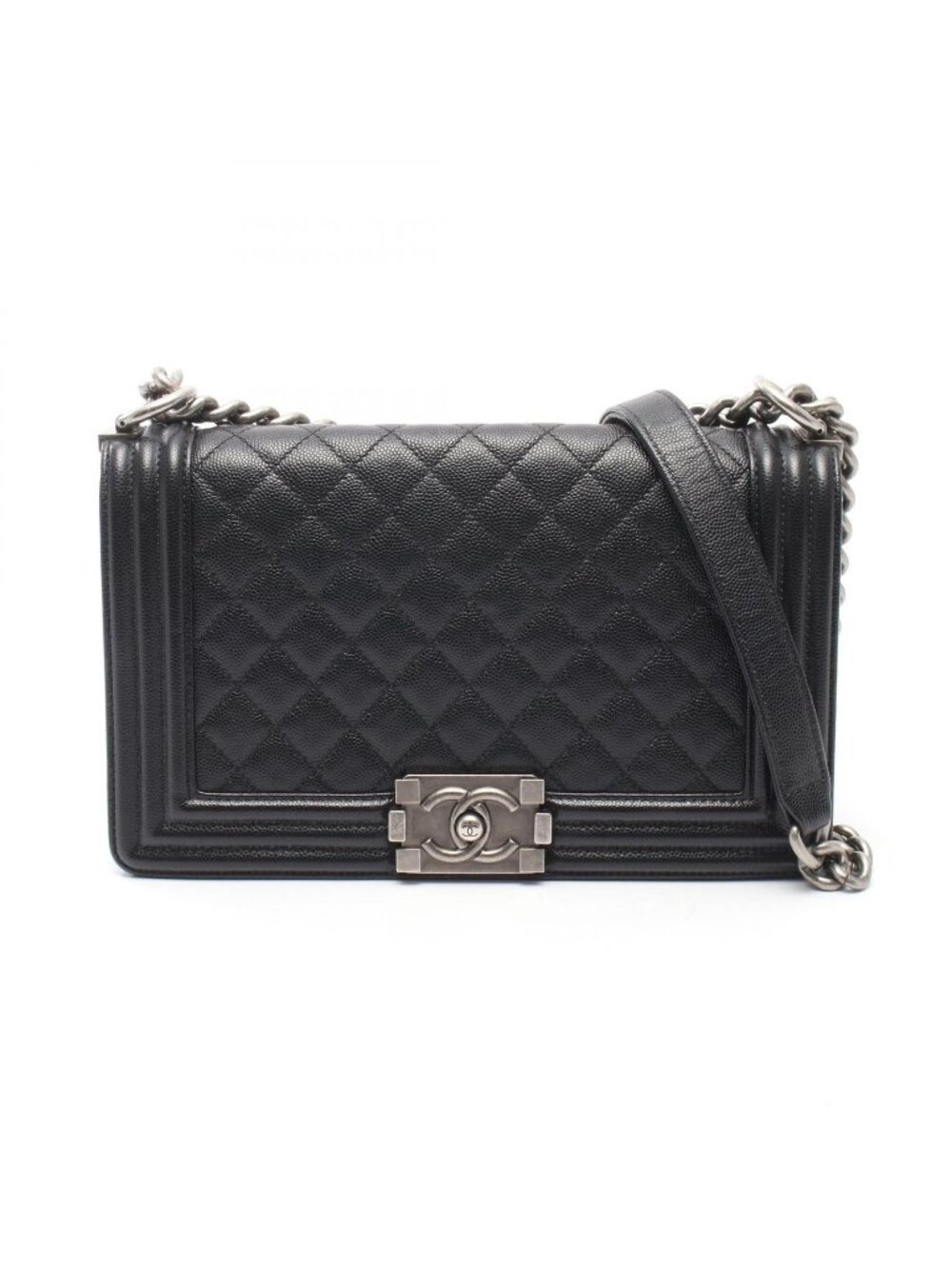 Chanel Shoulder Bag Boy Black Caviar Leather Boy Chain